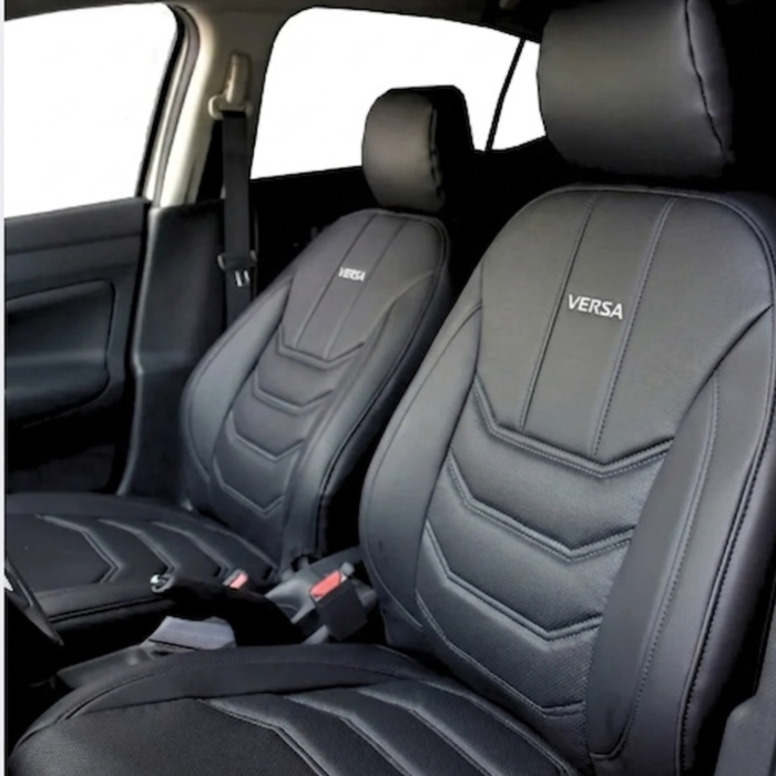 Cubreasientos delanteros Nissan Versa Advance/sense 2020-2025 línea Sportline en tactopiel liso y microperforado negro