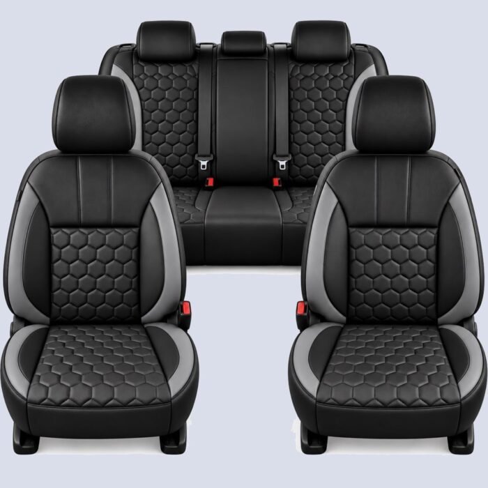 Cubreasientos Car Fashion línea Heavy Duty en tactopiel gris con negro, diseño de panal hexagonal bicolor — juego completo