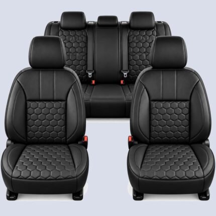 Cubreasientos Car Fashion línea Heavy Duty en tactopiel negro con negro, diseño de panal hexagonal bicolor — juego completo
