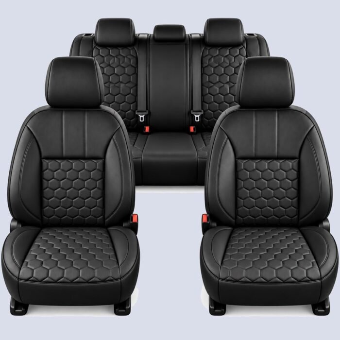 Cubreasientos Car Fashion línea Heavy Duty en tactopiel negro con negro, diseño de panal hexagonal bicolor — juego completo